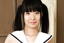 Cute shaved Japanese girl Miku Himeno strips uniform