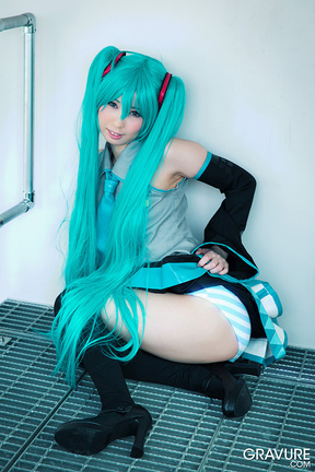 Miku Oguri in cosplay outfit flashing panties and shaved pussy