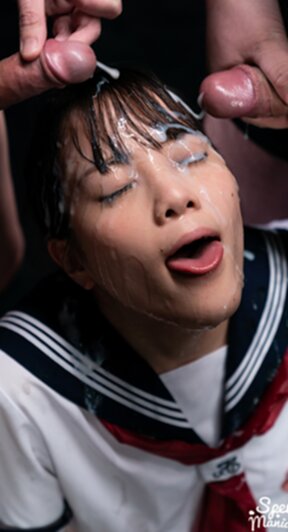 Kogal Komatsu Aya in uniform receiving bukkake facials