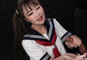 Kogal Kurumi Ria kneeling giving handjobs milking cocks and cum on hands